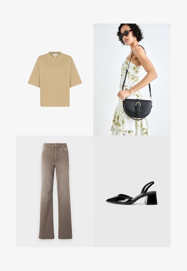 Beige oversized t-shirt made of soft fabric, featuring a crew neck and short sleeves. No patterns or embellishments are visible.; Brown high-waist straight-leg jeans with front button, belt loops, and classic five-pocket design on a white background.; Black patent leather slingback heels with a pointed toe and a geometric block heel. Features a sleek, minimal design and smooth texture.; Black leather handbag with a curved shape, detachable strap, and gold hardware. The bag features a flap with a buckle detail.