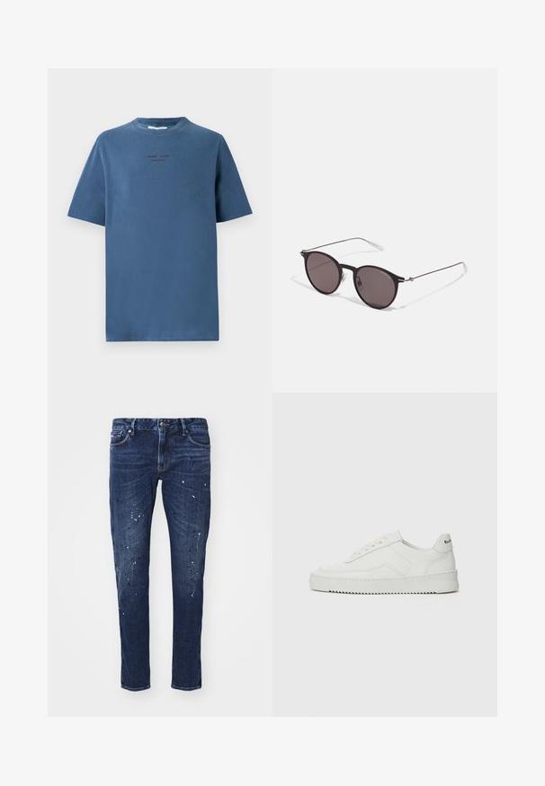 Cămașă de bumbac albastră cu decolteu rotund, mâneci scurte și un design text subtil în nuanțe mai închise. Croială simplă și lejeră, fără modele.; Jeans din denim de culoare albastru închis, cu o croială slim, prezentând stropi de vopsea, cusături vizibile și un design standard cu cinci buzunare. Croială dreaptă a piciorului.; Sneakers din piele albă cu un finisaj neted, vârf rotund, șireturi plate și o talpă texturată. Prezintă un logo subtil pe călcâi.; Ochelari de soare negri rotunzi cu lentile întunecate și brațe metalice subțiri. Include vârfuri transparente pentru brate și accente argintii la balama. Design minimalist.
