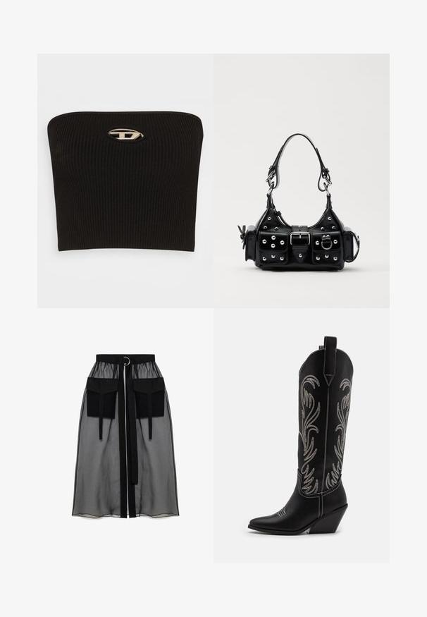 Czarny, prążkowany, bezramiączkowy top z charakterystycznym, owalnym detalem w srebrnym kolorze na środku. Gładka tekstura i dopasowany krój.; Czarna przezroczysta spódnica z marszczeniem w pasie, posiadająca dwie dużej wielkości kieszenie z przodu, pasek w talii oraz okrągły metalowy akcent.; Czarne skórzane kowbojskie buty z wydłużonymi noskami, obcasem typu koturn oraz srebrnymi haftowanymi wzorami kwiatowymi wzdłuż cholewy. Kontrastowe szwy na całej długości.; Czarna skórzana torebka w zakrzywionym kształcie, z srebrnymi ćwiekami, klamrą i dwoma bocznymi kieszeniami. Regulowany pasek umożliwiający różne opcje noszenia.