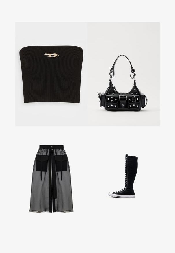 Top nero a costine senza spalline con un distintivo dettaglio ovale in argento al centro. Texture liscia e design aderente.; Gonna nera trasparente con una vita arricciata, dotata di due ampie tasche frontali, un laccetto in vita e un ornamento metallico circolare.; Sneakers nere alte con un design slanciato, realizzate in tela. Presentano lacci bianchi, cuciture e una suola in gomma con punta rinforzata.; Borsa a mano in pelle nera con design curvo, caratterizzata da borchie argentate, una fibbia e due tasche laterali. Tracolla regolabile per diverse opzioni di trasporto.