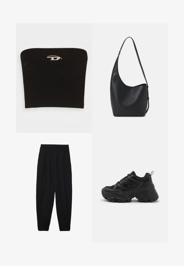 Zwarte geribbelde strapless top met een opvallend ovale zilveren logo detail in het midden. Soepele textuur en getailleerd ontwerp.; Zwarte, lichte broek met een elastische tailleband en gathered enkels. De stof is glad en heeft een ontspannen, taps toelopend ontwerp.; Zwarte sportschoenen met een textuur gevlochten bovenkant, gebogen rubberen zool en een prominent profiel. Voorzien van geïntegreerde veters en een trekhaak.; Zwarte leren hobo tas met een gladde textuur, kromme vorm en een enkele verstelbare schouderband; heeft een brede opening aan de bovenkant.