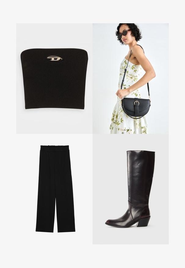 Black ribbed strapless top with a distinctive oval silver logo detail at the center. Smooth texture and fitted design.; Black wide-leg trousers with a ruffled waistband, featuring two side pockets and a smooth, lightweight fabric. No visible patterns or hardware.; Knee-high, dark brown leather boot with a pointed toe, angular block heel, and smooth, glossy texture. Features a clean design and stitch detailing.; Black leather handbag with a curved shape, detachable strap, and gold hardware. The bag features a flap with a buckle detail.