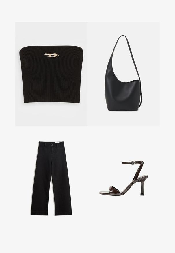 Zwarte geribbelde strapless top met een opvallend ovale zilveren logo detail in het midden. Soepele textuur en getailleerd ontwerp.; Zwarte denim broek met wijde pijpen en een hoge taille, voorzien van voor- en achterzakken, gestikte naden en een knoopsluiting. Gladde textuur.; Bruine gepatenteerde lederen sandaal met hoge hak, enkelbandje, open teen, en een strak, minimalistisch ontwerp. Voorzien van een vierkante hak.; Zwarte leren hobo tas met een gladde textuur, kromme vorm en een enkele verstelbare schouderband; heeft een brede opening aan de bovenkant.