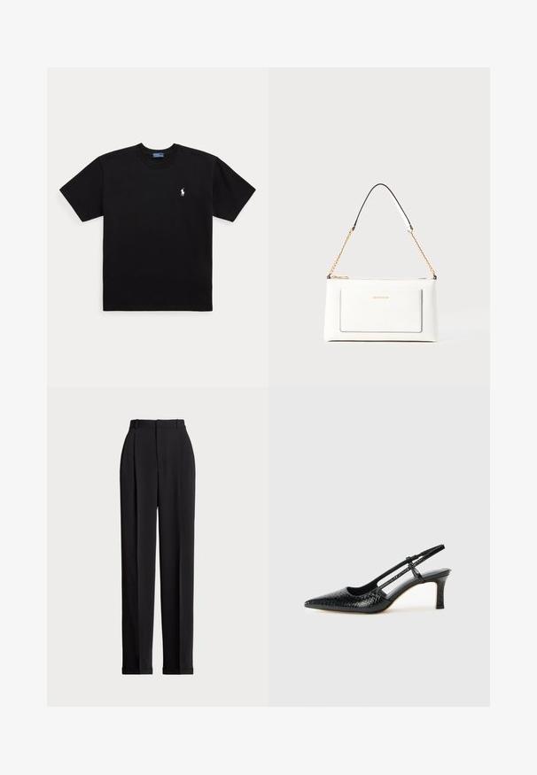 Black cotton t-shirt with a crew neck, short sleeves, and a small white polo logo on the left chest. Soft texture, classic fit.; Black tailored trousers with a high waist, featuring pleats at the front, a straight leg design, and a cuffed hem. Made from smooth fabric.; Black patent slingback heel with a pointed toe, featuring textured snake print, adjustable strap, and a short, textured block heel.; White leather handbag with a textured finish, featuring a gold chain strap and black accents. Includes a front pocket and zipper closure.