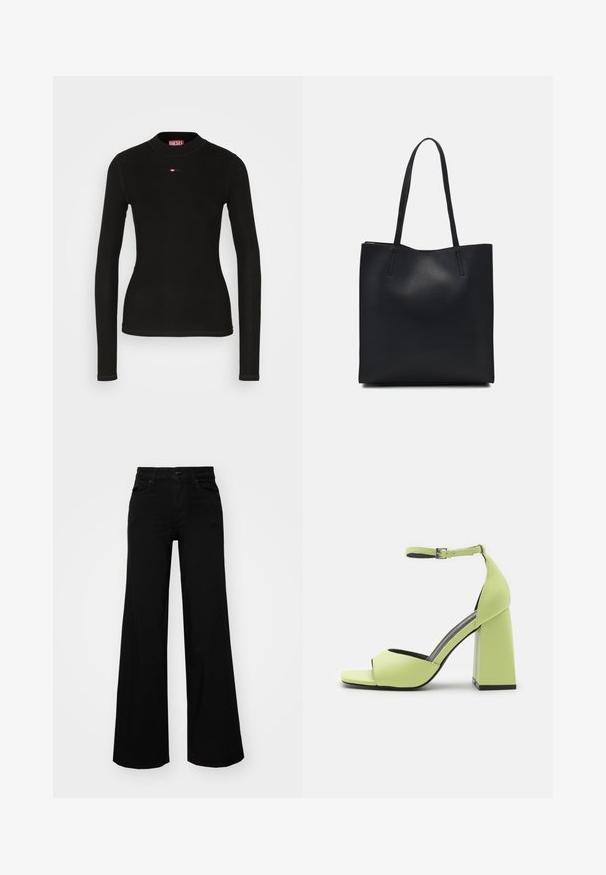 Juodas ilgarankovis marškinėlis, pagamintas iš raštuoto audinio, su apvaliu kaklu ir mažuoju raudonu "Diesel" logotipu, siuvinėtu ant krūtinės.; Juodos plačios kelnės iš denimo, turinčios struktūruotą juosmenį, diržo kilpas ir priekines kišenes. Lygus paviršius su klasikinio dizaino elementais.; Even&Odd Aukštakulniai sandalai - light green; Juodas odinis tote krepšys su lygia tekstūra, stačiakampio formos ir dviem ilgais rankenomis. Matomų metalinių detalių ar puošybos nėra.