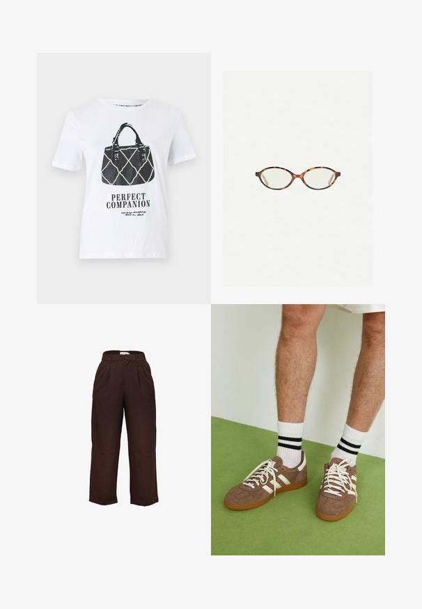 Valkoinen t-paita, jossa on musta grafiikka käsilaukusta, jossa on päällikuvio, nahkaiset hihnat ja teksti "TAIDETTU KUMPPANI" alla.; Korkeavyötäröiset, tummanruskeat leveälahkeiset housut, joissa on vyölenkit ja etuletteet, esiteltynä valkoista taustaa vasten.; Ruske nahkate sneakerit valkoisilla korostuksilla ja nauhoilla. Kumi-gumipohja. Yhdistetty valkoisiin sukkiin, joissa on mustia raitoja. Vihreä teksturoitu lattia.; Kilpikonnakuosiset silmälasit, joissa on soikeat linssit ja tyylikäs, sileä pinta. Ominaisuudet: ohuet sivut, joissa on hienovarainen kaari temppeleissä. Kirkkaat linssit.; Zign LEATHER - Shopping bag - light brown