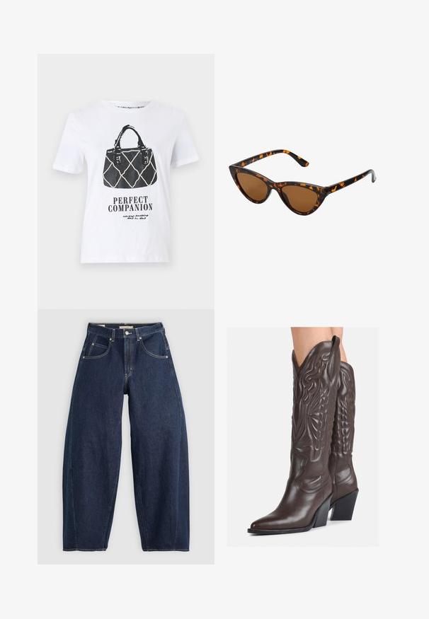 Valkoinen t-paita, jossa on musta grafiikka käsilaukusta, jossa on päällikuvio, nahkaiset hihnat ja teksti "TAIDETTU KUMPPANI" alla.; Tummansinisiä farkkuja, joissa on rento malli, vaaleat tikkaukset, viisi taskua ja nappikiinnitys vyötäröllä.; Ruske nahkasaappaat, joissa on terävä kärki ja laatikkokorko, varustettu yksityiskohtaisella ompelulla ja kohotetuilla yksityiskohdilla varsiosassa.; Kattöga solglasögon med en svart och orange sköldpaddsmönstrad båge, bruna linser och slanka, spetsiga spetsar. Har en minimal logotyp på skalmen.; Pieni kerma beige käsilaukku, jossa on teksturoitu pinta, pitkä säädettävä olkahihna, ketjua korostava yksityiskohta ja läppälukko. Kultaista metalliosaa.