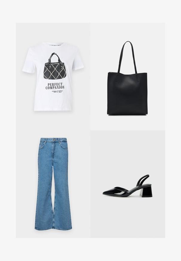 Valge t-särk, millel on must graafika käekotist, millel on tikandmusterdus, nahkrihmad ja tekst "IDEAALNE SELTSILANE" all.; Heledad sinine flared teksade rõivad, millel on kõrge talje, viis taskut ja üks nupulukk. Pehme tekstuur ja pleekinud viimistlus.; Mustad musta lakknahk kingad, millel on terav varvas ja geomeetriline plokkkonts. Omab elegantselt minimalistlikku disaini ja sujuvat tekstuuri.; Mustast nahast kott sujuva tekstuuriga, ristkülikukujuline ja kahe pika sangaga. Pole nähtavat riistvara ega kaunistusi.