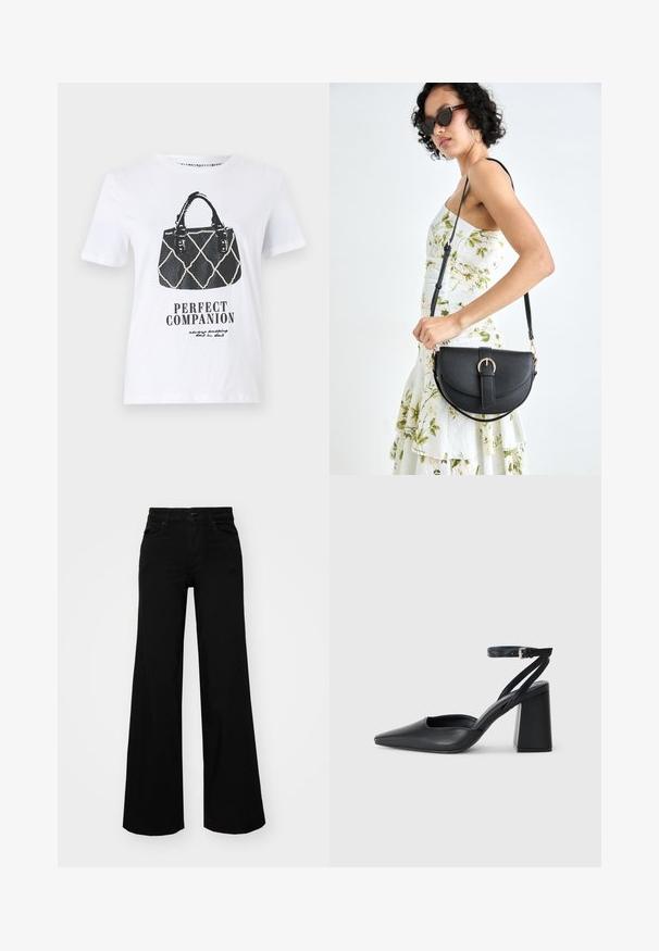 White t-shirt featuring a black graphic of a handbag with a quilted design, leather straps, and the text "PERFECT COMPANION" below.; Black wide-leg pants made of denim, featuring a structured waistband, belt loops, and front pockets. Smooth texture with a classic design.; Black leather pointy-toe pump with an ankle strap and a chunky heel. Flat texture, sleek design, and minimalistic aesthetics.; Black leather handbag with a curved shape, detachable strap, and gold hardware. The bag features a flap with a buckle detail.