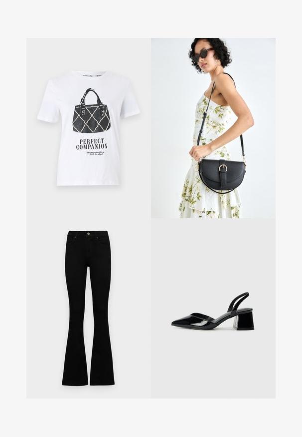 White t-shirt featuring a black graphic of a handbag with a quilted design, leather straps, and the text "PERFECT COMPANION" below.; Black high-waist jeans with a button and zip closure, front pockets, and flared legs laid flat on a white background.; Black patent leather slingback heels with a pointed toe and a geometric block heel. Features a sleek, minimal design and smooth texture.; Black leather handbag with a curved shape, detachable strap, and gold hardware. The bag features a flap with a buckle detail.