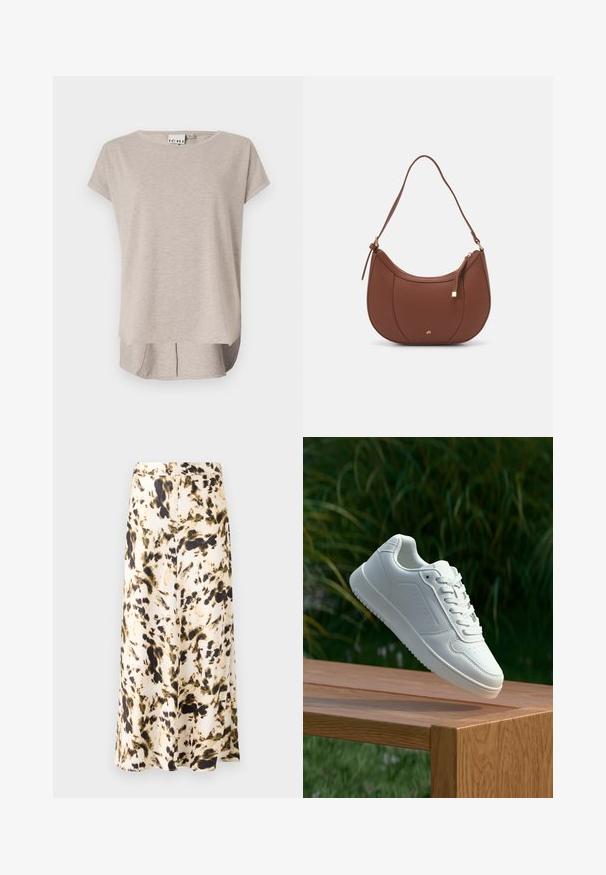 Light beige short-sleeve T-shirt made from soft fabric. Rounded neckline, relaxed fit, and a slightly longer back with side slits.; Black long-sleeve top featuring smocked detailing, high neck, and a flared peplum hem. Made from textured fabric with ruffled cuffs.; A knee-length skirt in a light fabric with a beige, brown, and green abstract pattern. Features a fitted waistband and flowing design.; White sneaker with a smooth synthetic upper, perforated toe box, flat laces, and a textured sole, displayed on a wooden surface.; Brown faux leather shoulder bag with curved shape, minimal stitching, and a gold-tone hardware accent. Features a top zipper closure and adjustable strap.