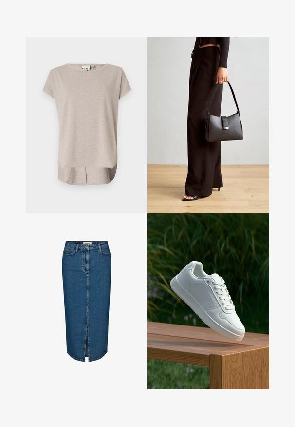 Lys beige kortermet T-skjorte laget av mykt stoff. Rund hals, løs passform og en litt lengre bakdel med sideslitser.; Mørkeblå denim blyantskjørt med frontslitt, fem lommer og kontraststing. Midjehøyde med klassisk design.; Hvite sneakers med en glatt syntetisk overdel, perforert tåboks, flate snørebånd og en teksturert såle, vist på en treflate.; Svart håndveske med strukturert form, jevn tekstur og metallisk lås. Kombinert med brede svarte bukser og sandaler med åpen tå på tregulv.