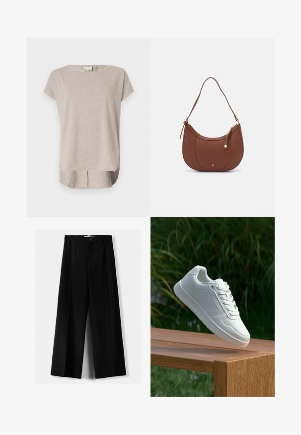 Svetlo bež majica s kratkimi rokavi, izdelana iz mehkega blaga. Okrogla izreza, sproščen kroj in nekoliko daljši hrbet s stranskimi razpoki.; Črne široke hlače iz lahkega materiala, z zapiranjem na gumb spredaj in ravnim sprednjim delom, s skrbno zašiti robovi.; Bela teniska s gladkim sintetičnim zgornjim delom, perforiranim prednjim delom, ravnimi vezalkami in teksturiranim podplatom, prikazana na leseni površini.; Rjava usnjena torbica z ramenskim ročajem, ukrivljene oblike, minimalnim šivom in zlato-tonirano kovinsko dekoracijo. Ima zgornje zapiranje na zadrgo in nastavljiv trak.