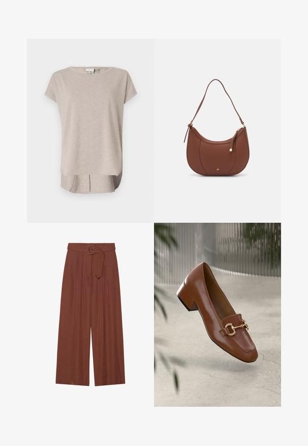 Hele beež lühikeste varrukatega T-särk, mis on valmistatud pehmest kangast. Ümmargune kaelus, lõdva istuvusega ning veidi pikem tagaosa külgmiste lõhikute jaotusega.; Küljed on laiad pruunidest kangast püksid, millel on ruudukujuline pandla ja pleeditud disain, samuti sile tekstuur.; Pruunist lakknahast loafer, millel on ruudukujuline varvas, metallist ahel kaunistus ja madal plokkkonts; sile tekstuur, minimalistlik disain.; Pruun faux nahast õlaline kott, millel on kaarjas kuju, minimaalne õmblemine ja kuldse tooni metallist aksessuaar. Omab ülemist tõmblukku ja reguleeritavat rihma.