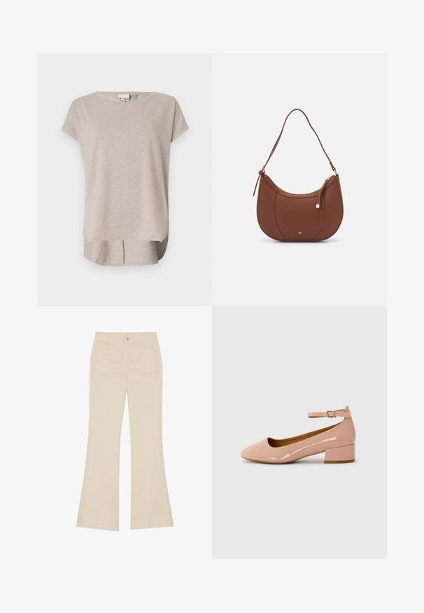Light beige short-sleeve T-shirt made from soft fabric. Rounded neckline, relaxed fit, and a slightly longer back with side slits.; Beige flared pants with a high waist, made of cotton fabric. Features front and back pockets, belt loops, and a single silver button.; Patent leather pink flat shoe with a rounded toe, ankle strap, and a low block heel. Smooth texture and minimalist design.; Brown faux leather shoulder bag with curved shape, minimal stitching, and a gold-tone hardware accent. Features a top zipper closure and adjustable strap.