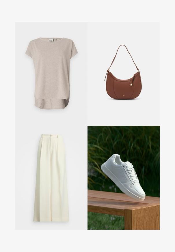 Lys beige kortærmet T-shirt lavet af blødt stof. Rund halsudskæring, afslappet pasform og en lidt længere ryg med sideslids.; Bredde benbukser i off-white stof, med høj talje, dobbelte plisseringer og knaplukning. Glat tekstur og skræddersyet design.; Hvid sneaker med en glat syntetisk overdel, perforeret tåboks, flade snørebånd og en tekstureret sål, præsenteret på en træoverflade.; Brun faux læder skuldertaske med buet form, minimal syning og en guldtonet hardwaredetalje. Har en top lynlåslukning og justerbar rem.