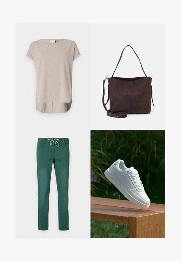 Světle béžové tričko s krátkým rukávem vyrobené z měkké tkaniny. Kulatý výstřih, volný střih a mírně delší zadní část se bočními rozparky.; Zelené kalhoty z bavlněné směsi se střihém rovného nohavice, stahovací páskem a dvěma předními kapsami. Hladký povrch a bez vzorů.; Bílé tenisky s hladkým syntetickým svrškem, perforovanou špičkou, plochými tkaničkami a texturovanou podrážkou, vystavené na dřevěném povrchu.; Hnědá semišová taška přes rameno s jemnou texturou, vybavená jedním popruhem na rameno a decentním zakřiveným horním otvorem. Žádné viditelné detaily z hardware.