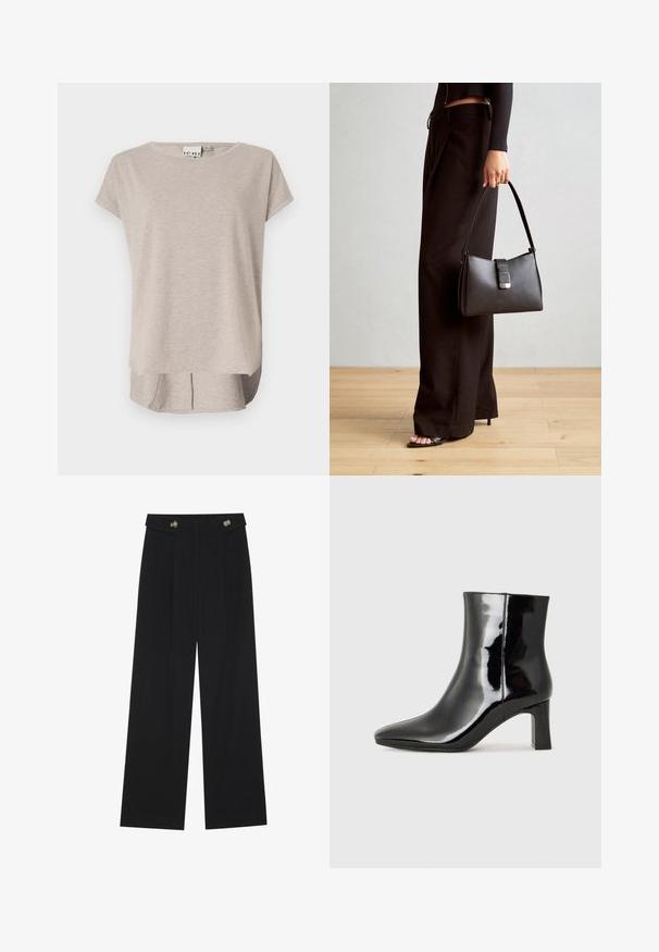T-shirt beige clair à manches courtes fabriqué en tissu doux. Encolure ronde, coupe décontractée et dos légèrement plus long avec fentes sur les côtés.; Pantalons larges noirs à taille haute, avec des détails de boutons à la taille et des plis sur le devant.; Bottines en cuir verni noir avec un bout pointu et un talon block de hauteur moyenne. Texture lisse et design minimaliste.; Sac à main noir à la forme structurée, texture lisse et fermoir métallique. Associé à un pantalon noir ample et des sandales ouvertes sur un sol en bois.