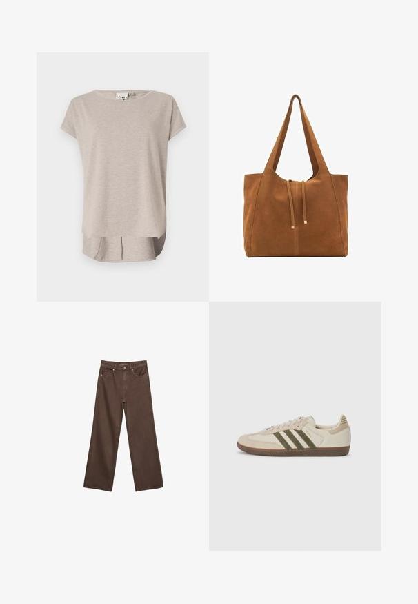 Svetlo béžové tričko s krátkym rukávom vyrobené z mäkkej tkaniny. Okrúhly výstrih, voľný strih a o niečo dlhší zadný diel s bočnými rozparkomi.; Džínsy s širokými nohavicami v hnedej farbe, vyrobené z denimu, so zvýšeným pásom, prednými vreckami a klasickým zapínaním na gombík. Hladká textúra s jemným prešívaním.; adidas Originals SAMBA OG UNISEX - Tenisky - alumina/medium dark khaki/gum; Hnedá semišová taška cez rameno s dvoma dlhými popruhmi, sťahovacou šnúrkou a minimalistickým dizajnom. Hladký povrch a žiadne viditeľné kovové doplnky.