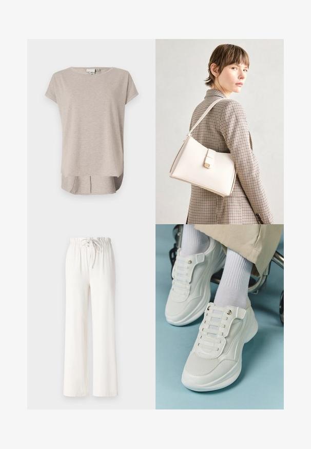 Svetlo béžové tričko s krátkym rukávom vyrobené z mäkkej tkaniny. Okrúhly výstrih, voľný strih a o niečo dlhší zadný diel s bočnými rozparkomi.; Biele široké nohavice vyrobené z mäkkej tkaniny, s elastickým pásom so šnúrkou a hladkým povrchom. Žiadne vzory ani ozdoby nie sú viditeľné.; Biele tenisky s materiálom z mlátenice, gumovou podrážkou, bezšnúrovým dizajnom s elastickými pásikmi a pozlátenými akcentmi.; Biely kožený kabelka so štruktúrovaným dizajnom, s magnetickým uzáverom a ramenným popruhom, vystavená na neutrálnom pozadí.