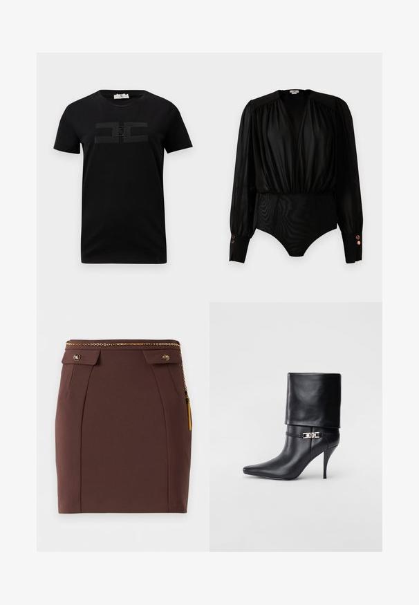 Czarny bawełniany t-shirt z krótkim rękawem i okrągłym dekoltem, z tonowym wzorem logo na klatce piersiowej. Gładka tekstura i klasyczny krój.; Czarny bodysuit z długim rękawem, zebranym głębokim dekoltem w kształcie litery V, bufkowymi ramionami, szerokimi mankietami z trzema metalowymi guzikami oraz dopasowaną dolną częścią.; Brąsporaź mini spódnica z dopasowanym krojem, złotym paskiem z łańcuchem, dekoracyjnymi klapkami na guziki oraz złotymi frędzlami na jednolitym tle.; Czarne skórzane botki za kostkę z ostrym noskiem, wysokim obcasem w kształcie stiletto, z załamanym mankietem oraz złotym dekoracyjnym zapięciem na kostce.