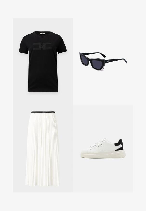 Svart bomull t-skjorte med kort erm og rund hals, med et tonalt logodesign på brystet. Glatt tekstur og klassisk passform.; Plissert hvit skjørt med en svart elastisk midje som har "LACOSTE"-logoen. Midjelengde design med myk tekstur.; Hvite lær sneakers med tykk hvit såle, svart semsket hælforsterkning og preget logo på siden. Snøresystem med seks hull.; Store svarte solbriller i overdimensjonert størrelse med geometrisk form, med mørke linser og en kontrasterende grå detalj på rammen. Logo på armen.