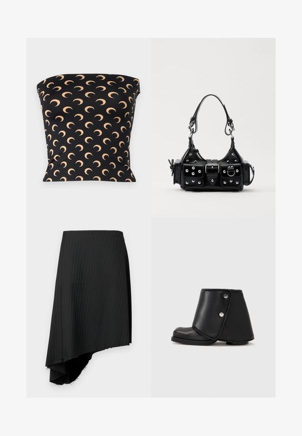 Sort strapless top lavet af strækbart stof, med et gentaget mønster af halvmåner i en lys beige farve over overfladen.; Sort nederdel med striber og en asymmetrisk kant, der har rå kanter. Lavet af letvægtsstof med en glat tekstur.; Sorte ankelstøvler med et unikt asymmetrisk design, lavet af glat læder, der har to sølvfarvede trykknapper og en rund tå.; Sort læderhåndtaske med et buet design, prydet med sølvfarvede nitter, en spænde og to sidelommer. Justerbar rem til forskellige bære muligheder.