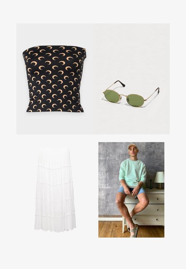 Zwarte strapless top van rekbaar materiaal, met een herhaald patroon van maanbogen in een lichte beige kleur over het oppervlak.; Witte gestapelde rok van lichtgewicht stof, met een rekbare tailleband, ruches en een vloeiende ontwerp dat tot halverwege de kuit reikt.; Muntgroene sweatshirt, denim shorts en olijfgroene instappers. Zittend op een lichtgekleurde ladekast tegen een gestructureerde grijze muur.; Ovale zonnebrillen met groene glazen, gouden metalen frame en donkerbruin plastic uiteinden. Lichtgewicht met zichtbaar Ray-Ban-logo op één glas.