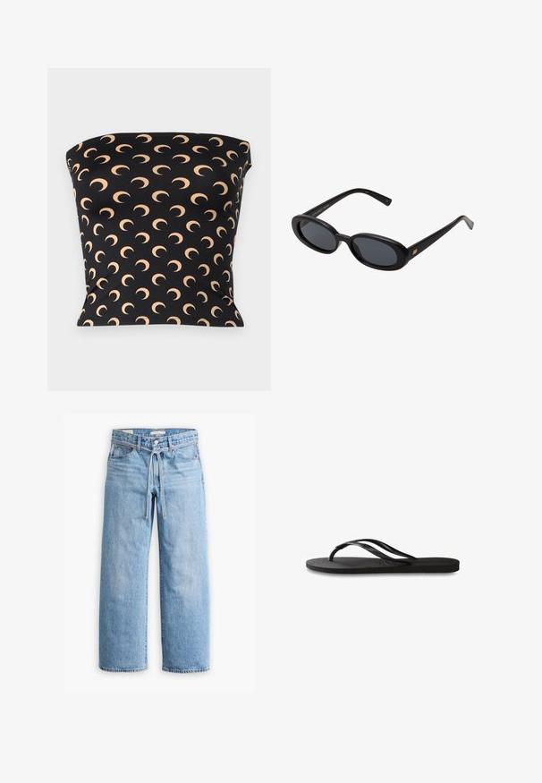 Crna top bluzica bez naramenica, izrađena od rastezljivog materijala, s ponovljenim uzorkom polumjeseca u svijetlosmeđoj boji po cijeloj površini.; Svijetloplavi traper široki traperice s visokim strukom, kopčanjem na gumb i zatvaračem te detaljem s vezicom u struku. Sirovi rub.; Crne japanke s teksturiranom gumenenom potplatom, dva uska remena i suptilnim, urezanim logom na remenu.; Crne velike sunčane naočale s ovalnim staklima, glatkim plastičnim okvirom i zlatnim detaljima na sljepočnicama. Tamna stakla pružaju zaštitu od sunca.