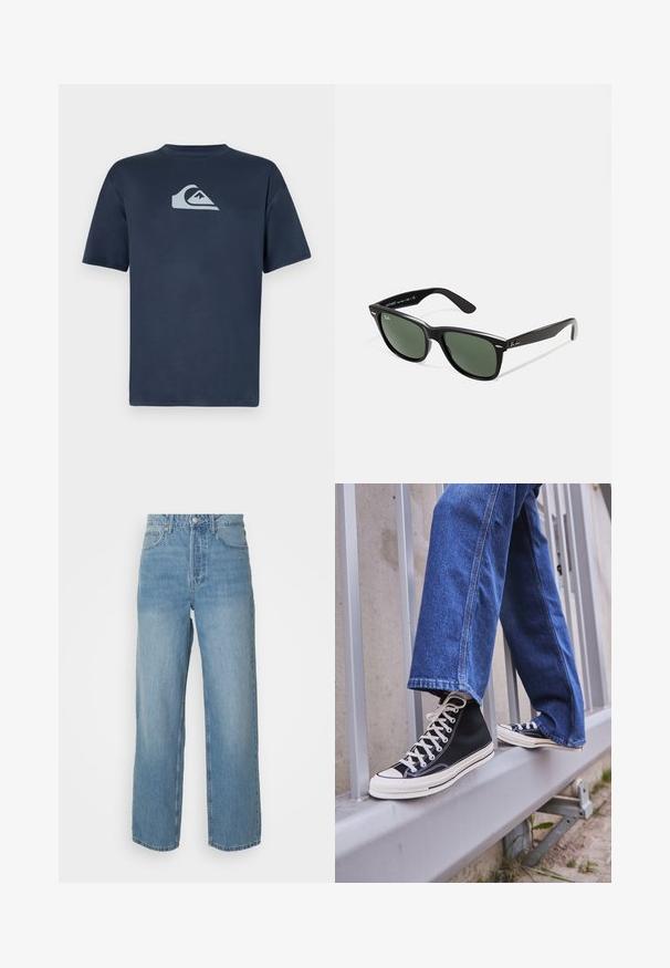 Tumedan sinine puuvillane t-särk lühikeste varrukatega, millel on rindkerel heledashall logo. Sile tekstuur, ümmargune kaelus ja regulaarne lõige.; Kõrgeltistetud helesinised teksad sirgete jalgadega, ees nööbiga kinnitamine ja viie-tasku stiil pluusil taustal.; Mustad mustade kõrgete tossudega, millel on valge tallaga ja valged paelad, koos vaba sinise denimidega, mis puhkavad hallil piiridel.; Mustad mustan plastiku prillid roheliste läätsedega, ruudukujulised raamid, hõbedane aksent kulmude peal ja tekstuuriga tempelkäed. Brändi nimi on märgitud sisevarrele.