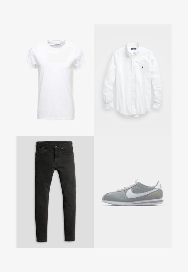 Weißes Baumwoll-T-Shirt mit kurzen Ärmeln, Rundhalsausschnitt und glatter Textur. Etikett am Ausschnitt sichtbar. Einfacher und klassischer Stil.; Weißes Langarm-Hemd aus Baumwolle mit Knopfleiste. Es zeichnet sich durch einen klassischen Kragen, Knopfmanschetten und ein kleines, navyblaues gesticktes Logo auf der Brust aus.; Schmale schwarze Denim-Jeans mit matter Oberfläche, Fünf-Taschen-Design und klassischem Knopf- und Reißverschluss.; Graue Sportausstattung mit einem Obermaterial aus Wildleder und Textil, weißem Nike-Swoosh und weißen Schnürsenkeln. Verfügt über eine strukturierte Gummisohle und einen gepolsterten Kragen.