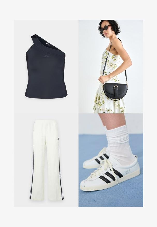 Top assimétrico de um ombro em azul marinho escuro, com um design ajustado e textura suave, apresentando um logótipo discreto na frente.; Calças em malha grossa de cor creme clara, com design flare. Apresentam riscas laterais azul-escuro e um logótipo da Adidas na anca. Cintura elástica.; Tenis brancos de couro com riscas pretas, sola em creme e atacadores claros. Usados com meias brancas com nervuras, posicionados sobre um fundo azul.; Bolsa de couro preta com forma curva, alça destacável e detalhes em dourado. A bolsa possui uma aba com detalhe de fivela.