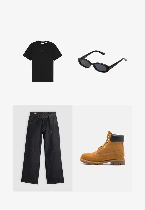 Tricou din bumbac negru, cu mâneci scurte și guler rotund. Pe piept, este inscripționat centralt textul alb "II."; Pantaloni largi din denim închise la culoare, cu talie beltată, având buzunare frontale și cusături contrastante. Textură netedă cu un design simplu.; Cizmă de gleznă din întoarsă de culoare bej, cu guler negru căptușit, ochiuri din metal auriu, detalii de cusătură albă și talpă din cauciuc robustă, cu un model pronunțat.; Ochelari de soare supradimensionați, cu lentile ovale, cadru din plastic neted și accente aurii pe brațe. Lentilele întunecate oferă protecție solară.