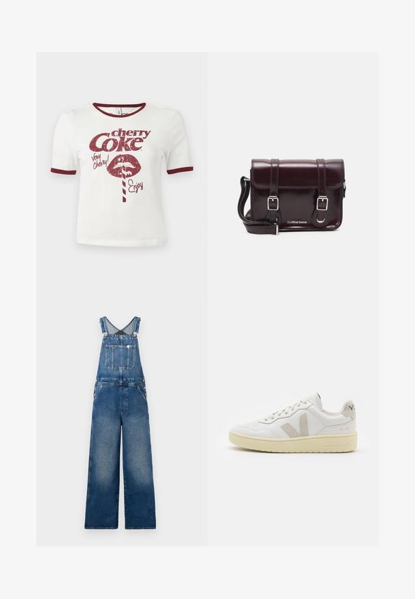 Fehér pamut póló rövid ujjakkal, bordó gallérral és mandzsettákkal, retró stílusú grafikával, amely ajkakat, egy szívószálat és a "cseresznye kóla" feliratot tartalmaz.; Farmer overál széles lábakkal, állítható pántokkal, elülső zsebbel és gombos részletekkel az oldalán. Sötétkék, kopott árnyalatokkal.; Fehér bőr sneaker bézs velúr részletekkel, perforált orr résszel, lapos fűzőkkel és textúrált krémszínű talppal. Finom márkajelzés található a sarkán.; Burgundy lakkbőr keresztpántos táska téglalap alakú, két pánttal, ezüst színű szerelvényekkel és fedélzárral.