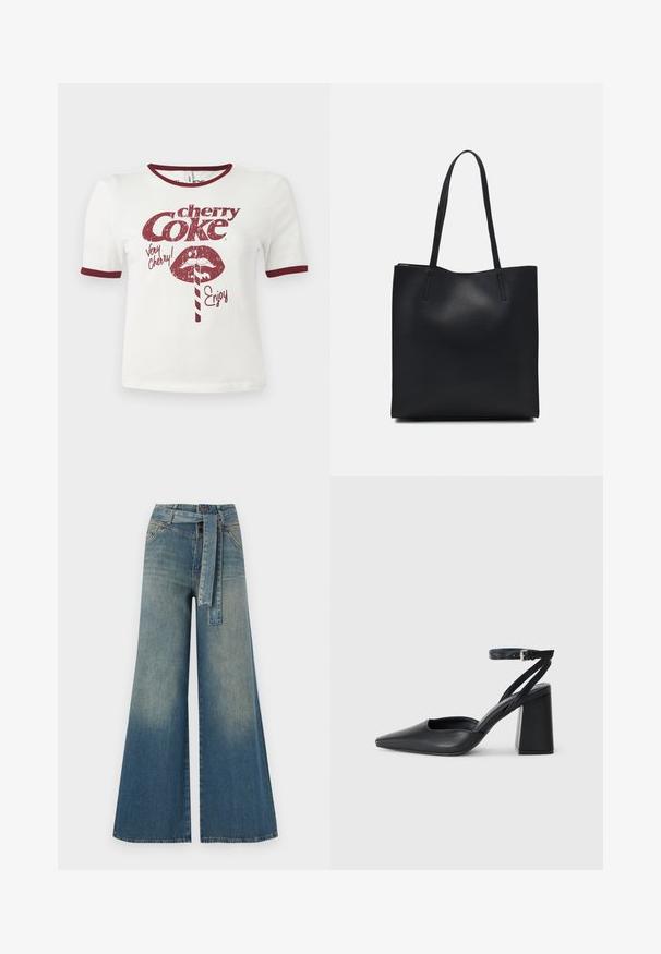 Weißes Baumwoll-T-Shirt mit kurzen Ärmeln, bordeauxfarbenem Kragen und Bündchen, mit einem grafischen Retro-Design von Lippen, einem Strohhalm und dem Text "cherry Coke".; Weit geschnittene Denim-Hosen mit einem Farbverlauf von hellblau zu dunkelblau, hoher Taille, Gürtelschlaufen und einem passenden Stoffgürtel. Strukturierte Denim-Oberfläche.; Schwarze Leder-Pumps mit spitzer Zehe, einem Knöchelriemen und einem blockigen Absatz. Flache Textur, elegantes Design und minimalistische Ästhetik.; Schwarze Laptoptasche aus Leder mit glatter Textur, rechteckiger Form und zwei langen Griffen. Keine sichtbaren Beschläge oder Verzierungen.