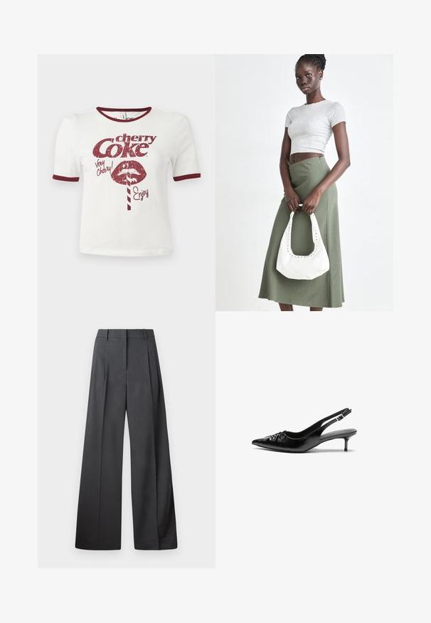 Weißes Baumwoll-T-Shirt mit kurzen Ärmeln, bordeauxfarbenem Kragen und Bündchen, mit einem grafischen Retro-Design von Lippen, einem Strohhalm und dem Text "cherry Coke".; Weite Hosen aus dunkelgrauem Stoff, mit hoher Taille, einzelnen Falten und einer glatten Textur mit sauberen Abschlüssen an den Säumen.; Schwarze Leder-Slingback-Absätze mit einer spitzen Zehenform, kleinen Kitten-Absätzen und einem dekorativen Knoten-Detail auf der Vorderseite. Glatte Textur über die gesamte Fläche.; Grauer gerippter Croptop und olivgrüner Rock mit hoher Taille. Das Modell hält eine weiße Schultertasche mit Ausschnittdetails. Schlichte Gestaltung, taillierte Silhouette.