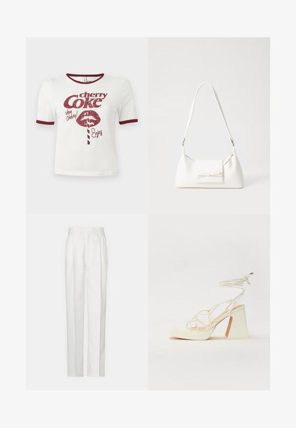Camiseta blanca de algodón con mangas cortas, cuello y puños color marrón, con un gráfico de estilo retro de labios, una pajita y el texto "cherry Coke."; Pantalones blancos a rayas con un diseño de pierna recta, hechos de una tela ligera. Presenta pliegues en la parte delantera y una cinturilla tradicional.; Sandalia de tacón alto blanca con un tacón grueso, que presenta un diseño de tiras y un lazo en el tobillo. Textura suave con una plataforma en la parte delantera para mayor altura.; Bolso sintético blanco con forma triangular, tapa frontal plana y detalle de lazo, correa ajustable, textura suave y diseño minimalista.
