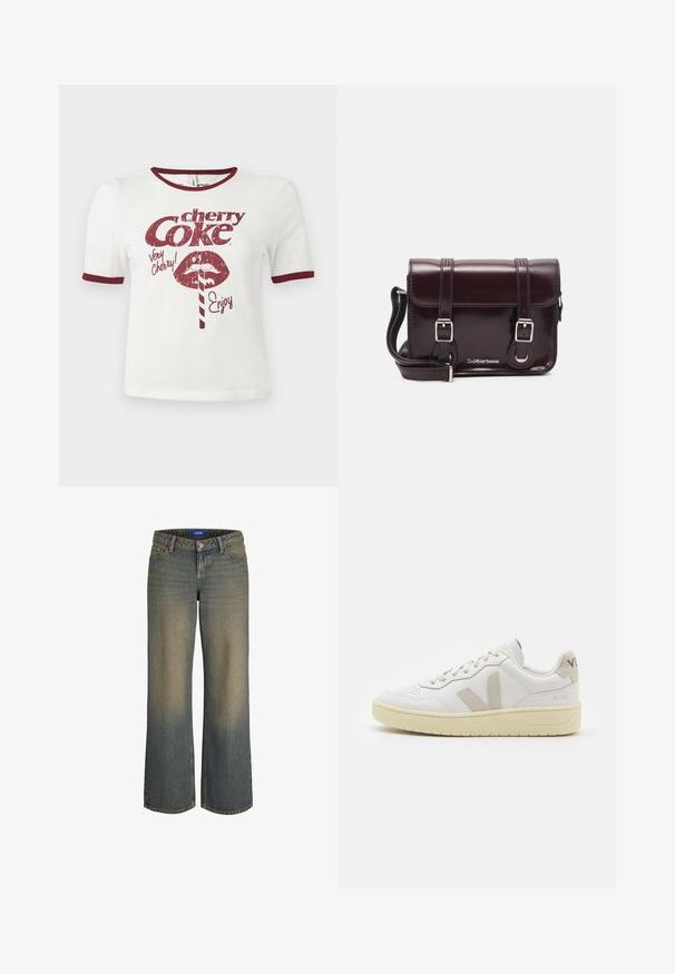 T-shirt en coton blanc avec des manches courtes, col et poignets bordeaux, présentant un graphique au style rétro de lèvres, une paille et le texte "cherry Coke".; Jean en denim bleu à jambes larges avec un dégradé du clair au foncé, design à cinq poches et fermeture à glissière. Détails cousus sur les bords.; Baskets blanches en cuir avec des accents en daim beige, boîte à orteils perforée, lacets plats et semelle texturée crème. Présente un logo discret au talon.; Sac à bandoulière en cuir verni bordeaux, de forme rectangulaire, avec deux bandoulières, des accessoires en argent et une fermeture à rabat.