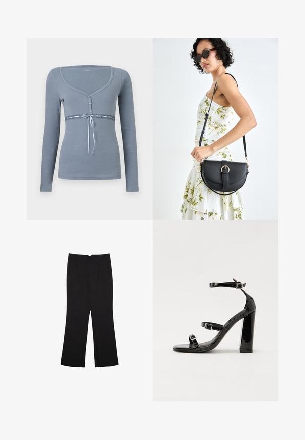 Langärmliges, hellgraues Oberteil mit einem Rundhalsausschnitt, Knopfleiste und Spitze am Bund, akzentuiert mit einer blauen Schleife.; Schwarze Hose mit geradem Schnitt, ausgestattet mit Fronttaschen und Seitenschlitzen am Saum. Hergestellt aus weichem, glattem Stoff. Geeignet für verschiedene Anlässe.; Schwarze patentierte Sandalen mit Absatz, quadratischer Spitze, Knöchelriemen und silbernen Schnallen. Mit einem stabilen Blockabsatz für mehr Stabilität.; Schwarze Lederhandtasche mit geschwungener Form, abnehmbarem Tragegurt und goldenen Beschlägen. Die Tasche verfügt über einen Deckel mit einer Schnallen-Details.