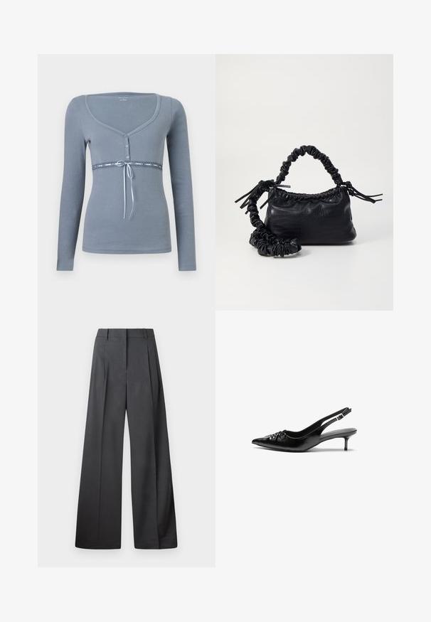 Ilga rankovė, šviesiai pilkas palaidinės su apvaliu iškirpimu, mygtukų priekyje ir nėrinių akcentu juosmenyje, paryškinta mėlynu kaspinėliu.; Tamsiai pilkos plačios kojos kelnės, turinčios aukštą liemenį, vieną raukšlę ir sklandžią tekstūrą su tvarkingais kraštais.; Juodos odinės slingback aukštakulniai su smailiu nosiu, mažais katės kulnais ir dekoratyvine mazgo detale priekyje. Visas paviršius lygus.; Juodas dirbtinės odos rankinė su krokodilo tekstūra, sušnibždinta viršuje ir susikraipytu dirželiu. Atrodo minkšta ir kompaktiška.