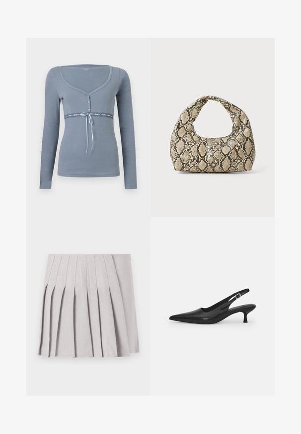 Pikkade varrukatega helehall särk, millel on ringikujuline kaelus, nööbid ees ja pitsdetail taljes, lisatud sinise satiinist paelaga.; Hallgray plekilise seelik sujuva tekstuuriga, millel on mitu vertikaalset voldikest ja sobiv talje. Valmistatud kerge kangaga.; Mustmustast musta nahast slingback king, millel on terav varvas ja kitsas, kumer konts. Omab diskreetset reguleeritavat rihma metallist pandlaga.; Musta käärmeprindiga kott kõveraga käepidemega. Valmistatud tekstiilsetest, beežidest ja pruunidest materjalidest, millel on iseloomulik rombikujuline muster.