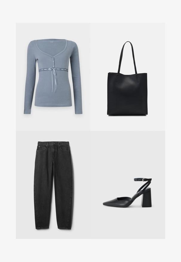 Langärmliges, hellgraues Oberteil mit einem Rundhalsausschnitt, Knopfleiste und Spitze am Bund, akzentuiert mit einer blauen Schleife.; Schwarze Jeans aus Denim mit geradem Beinverlauf, ausgestattet mit fünf Taschen, einem Knopfverschluss und dezenten Ziernähten. Klassisches Design und Textur.; Schwarze Leder-Pumps mit spitzer Zehe, einem Knöchelriemen und einem blockigen Absatz. Flache Textur, elegantes Design und minimalistische Ästhetik.; Schwarze Laptoptasche aus Leder mit glatter Textur, rechteckiger Form und zwei langen Griffen. Keine sichtbaren Beschläge oder Verzierungen.
