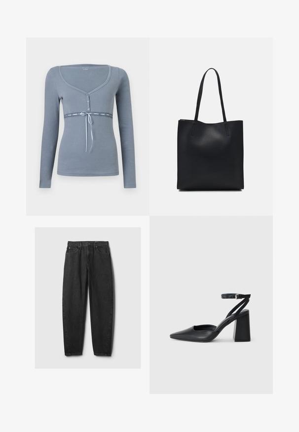 Langärmliges, hellgraues Oberteil mit einem Rundhalsausschnitt, Knopfleiste und Spitze am Bund, akzentuiert mit einer blauen Schleife.; Schwarze Jeans aus Denim mit geradem Schnitt, fünf Taschen, Gürtelschlaufen und Knopfverschluss. Der Stoff hat eine glatte Textur mit dezenten Verwaschungen.; Schwarze Leder-Pumps mit spitzer Zehe, einem Knöchelriemen und einem blockigen Absatz. Flache Textur, elegantes Design und minimalistische Ästhetik.; Schwarze Laptoptasche aus Leder mit glatter Textur, rechteckiger Form und zwei langen Griffen. Keine sichtbaren Beschläge oder Verzierungen.