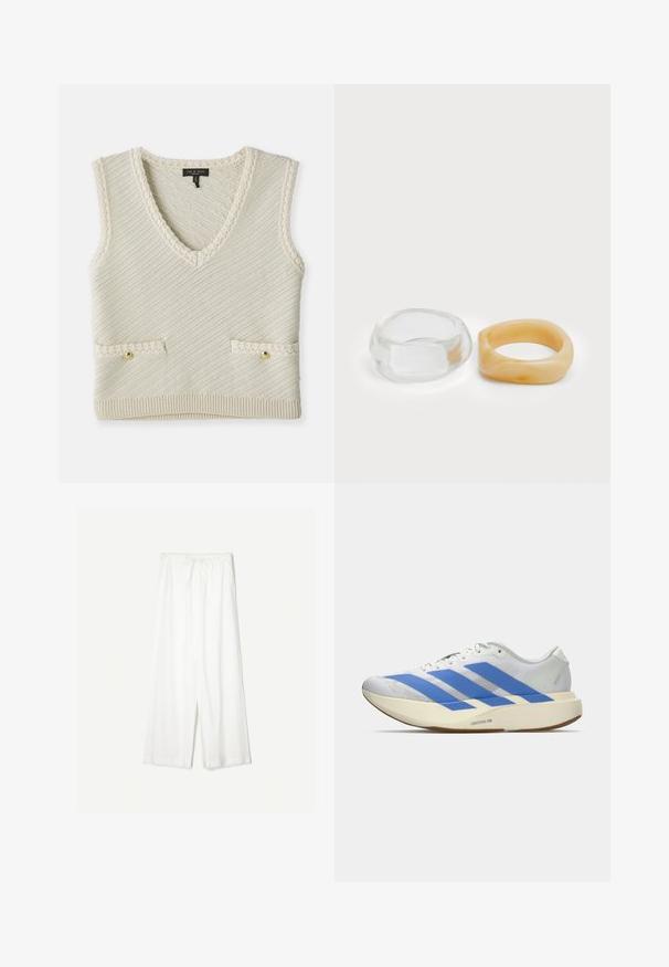 Pletena bezrukavna prsluk u krem boji s V-izrezom, s dijagonalnom teksturom, dva prednja džepa s zlatnim dugmadima i pletenim detaljima.; Bijele široke hlače s remenom za podešavanje struka, prikazane na jednostavnoj pozadini, naglašavajući njihov opušteni stil i teksturu tkanine.; Bijela atletska cipela s plavim prugama, teksturiranim gornjim dijelom, ravnim potplatom i "LIGHTSTRIKE PRO" oznakom sa strane. Nizak profil.; Bistre i prozirni prstenovi od smole, jedan glatki i proziran, a drugi s teksturiranim, bistrim završetkom. Obojica imaju zaobljene, masivne dizajne.