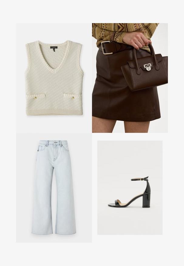 Kooseta ilmavarrukatega vest kreemjas värvitoonis, V-kaelusega, millel on diagonaalne tekstuur, kaks esist taskut kullakarvaliste nuppudega ja kudumisdetailidega krae.; Heledad sinine teksad laia jala disainiga, valmistatud denimist. Omab viit taskut, vöökinnitusloope ja nööbiga sulgemist.; Must musta nahk sandaalid laia kanna, avatud varvaste ja ankletihaga, millel on kuldne pandla. Sile tekstuur ja elegantne disain.; pruun nahast käekott tekstuuriga viimistlusega ja hõbedase riistvaraga, hoituna käes pruun nahkse seeliku ja mustriga sviidiga.