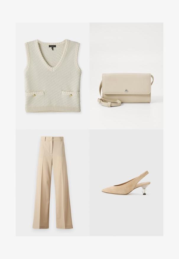 Gilet senza maniche lavorato a maglia in crema con scollo a V, caratterizzato da una texture diagonale, due tasche frontali con bottoni dorati e dettagli di rifinitura a maglia.; Pantaloni beige a gamba larga realizzati in tessuto morbido, con fronte piatto e pieghe, zip e passanti per cintura. Vestibilità sartoriale complessiva.; Scarpa slingback in suede beige con punta appuntita e tacco trasparente e arrotondato. Texture liscia e design minimalista.; Borsa a spalla in pelle beige con chiusura a patta, hardware in argento e tracolla removibile. Texture liscia e forma rettangolare semplice.