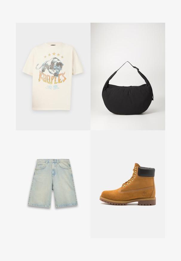 Kremfarget t-skjorte med korte ermer og grafisk design som viser en brølende tiger, stjerner, og teksten "KOOPLES siden 2013" i fargerike aksenter.; Lys blå denimshorts med løs passform, fem lommer, lett slitasje og synlige sømmer. Har en knapp og glidelås-lukking.; Beige semskede ankelstøvel med svart polstret krage, gullmetalløyer, hvite sømdetaljer og robust gummisåle med påfallende mønster.; Svart stoff skulderveske med en buet form, med en enkel stropp og glidelås. Myk tekstur, minimalistisk design.