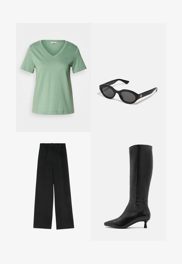 Grøn bomulds T-shirt med V-hals og korte ærmer. Har et lille broderet logo på brystet og en afslappet pasform.; Hvid langærmet skjorte med knapper lavet af bomuld. Har en klassisk krave og diskret mærke-broderi på brystet. Glat tekstur.; Sorte brede bukser med høj talje, der har to frontfald, bæltestropper og en glat tekstur. Ingen lommer eller synligt metal.; Zign Høje støvler/ Støvler - black; Sorte ovale solbriller med mørke linser og blank plastramme. Har et guldlogo på stykket, hvilket giver et slankt og moderne design.; Sort læder skuldertaske med en glat overflade, der har en tynd, lang rem og en subtil syet detalje ned langs midten.