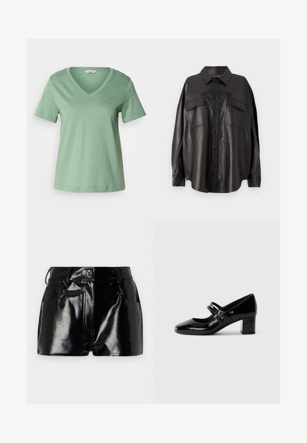 Zelena pamučna majica s V-izrezom i kratkim rukavima. Ima mali izvezeni logo na prsima i opušteni kroj.; Crna kožna košulja s gumbima sprijeda, šiljastim ovratnikom i dva džepa na prsima. Ima širok kroj i glatku teksturu.; Crne, sjajne kratke hlače napravljene od sintetičkog materijala. Imaju uski pojas, petljice za pojas i prednje džepove sa istaknutim detaljima šivanja.; Crne lakirane Mary Jane cipele s dva kopčana remena i niskim blok petama na bijeloj pozadini.