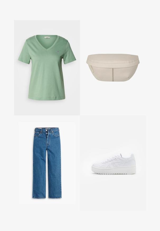 T-shirt in cotone verde con scollatura a V e maniche corte. Presenta un piccolo logo ricamato sul petto e una vestibilità rilassata.; Jeans in denim blu con gamba dritta e vita alta, design a cinque tasche e chiusura con bottoni. Cuciture evidenti e rivetti di tonalità rame.; Sneaker piattaforma bianche con texture in pelle liscia, dettagli perforati e lacci piatti; presenta una robusta suola in gomma bianca.; Pochette in tessuto beige dalla forma arrotondata, con parte superiore piatta e dettagli di cucitura sottili. Include un logo minimalista e una strap laterale.